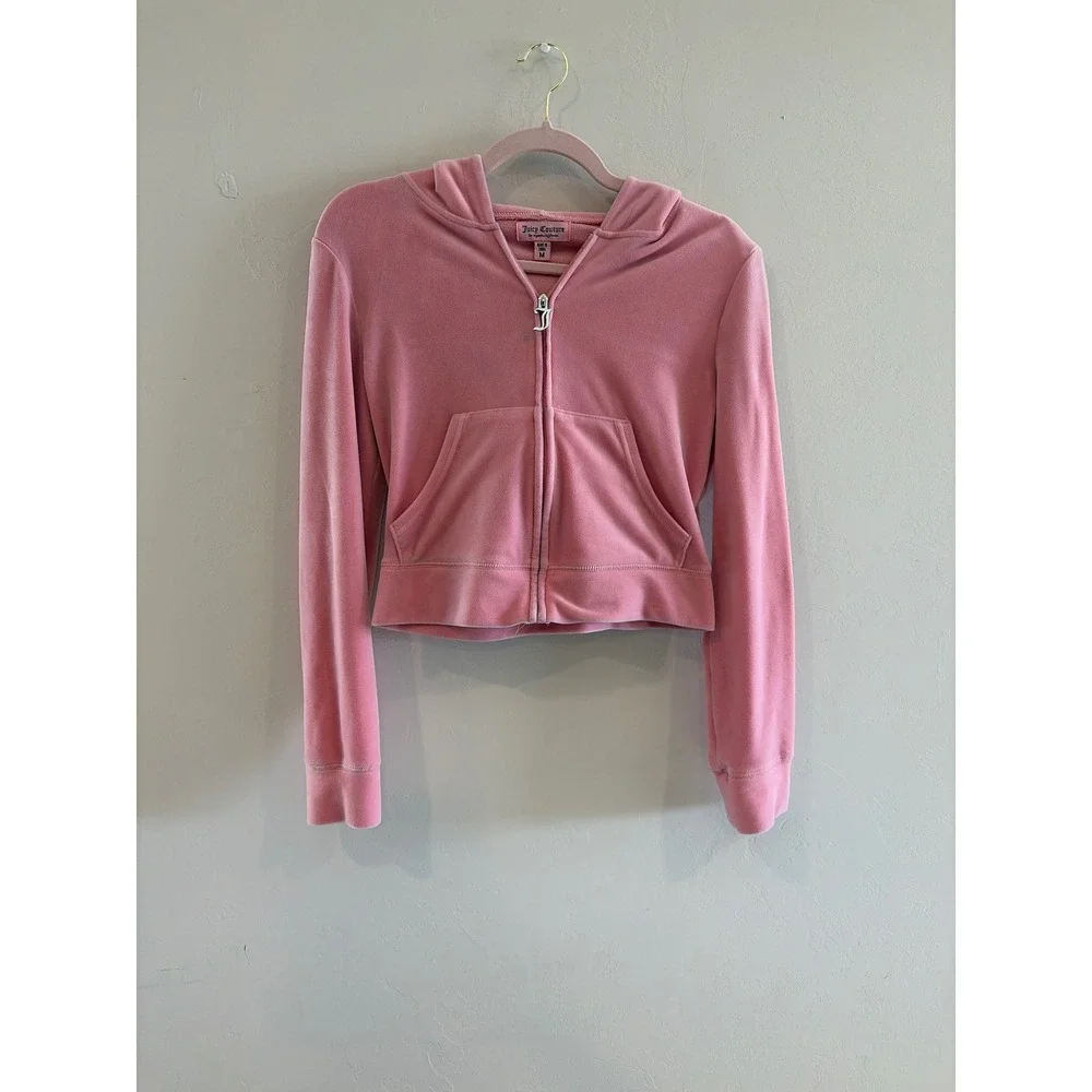 Juicy Couture Pink Velour Tracksuit Set Rhinestone Logo Hoodie Pants Womens M